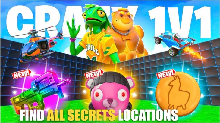 CRAZY 1V1 FFA ALL GUNS & RIDES MAP FORTNITE CREATIVE – ALL SECRETS LOCATIONS (SECRET CODE) PART 1